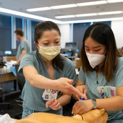 Strategies for Success in Medical School A medical student learns a technique from a faculty member in the simulation lab