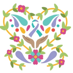 Graphic with flowers, hands, and ribbon