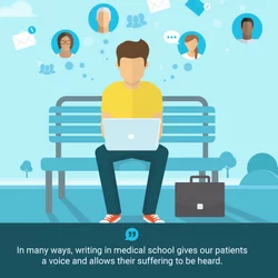 Writing in Medical School graphic of student on bench writing on laptop